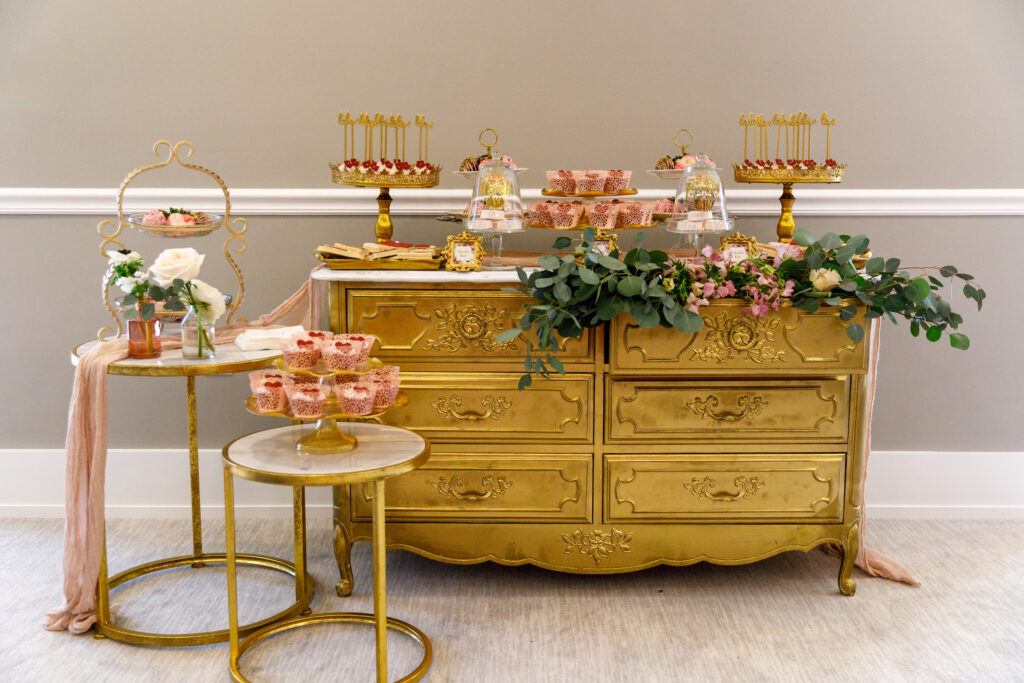 gold wedding dessert display