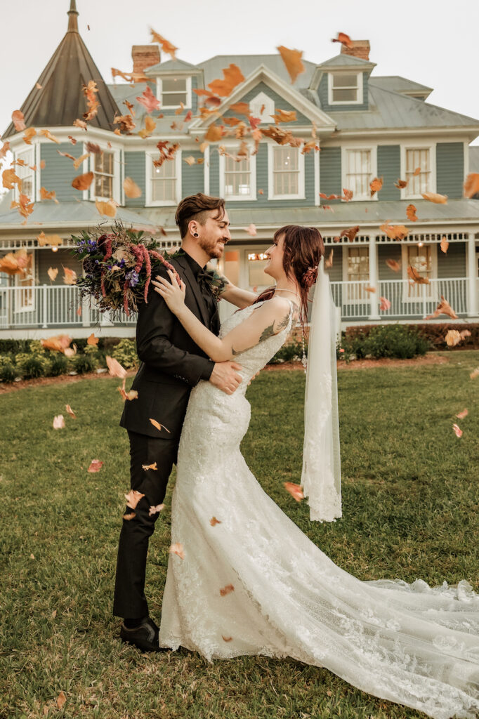 fall leaf wedding portrait